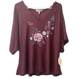 HARLOW & ROSE Women's Top Size XL Maroon Floral Embroidered V-Neck Kimono Sleeve